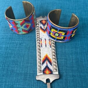 Colorful Beaded Cuff Bracelet - Tribal Geometric Pattern set of 3